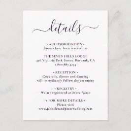Elegantes Skript Lila Hochzeitdetails Begleitkarte