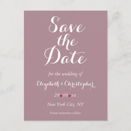 Elegantes Skript Mauve Wedding Save the Date Postkarte (Vorderseite)