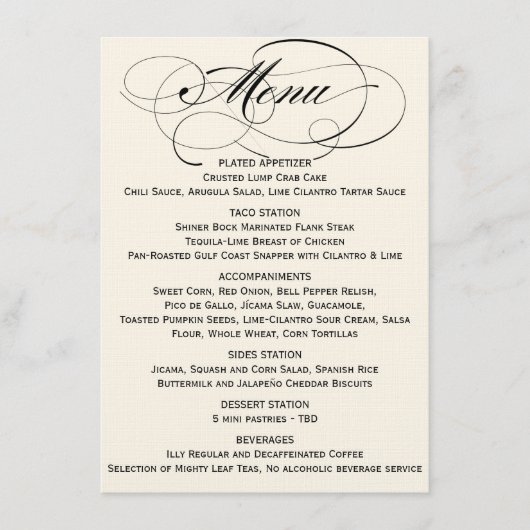 Elegantes Skript-Menü-Schwarzes/weg vom Weiß Menükarte (Vorderseite)