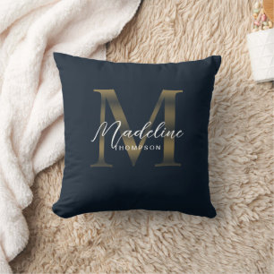 Elegantes Skript Metallisches Marineblau Gold Mono Kissen