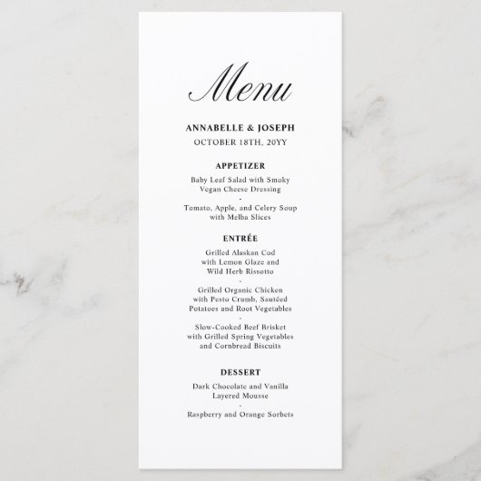 Elegantes Skript Minimalistisch Formal White Weddi Menükarte (Vorderseite)