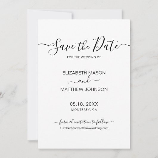 Elegantes Skript Minimalistisch Schwarz und Weiß H Save The Date (Vorderseite)