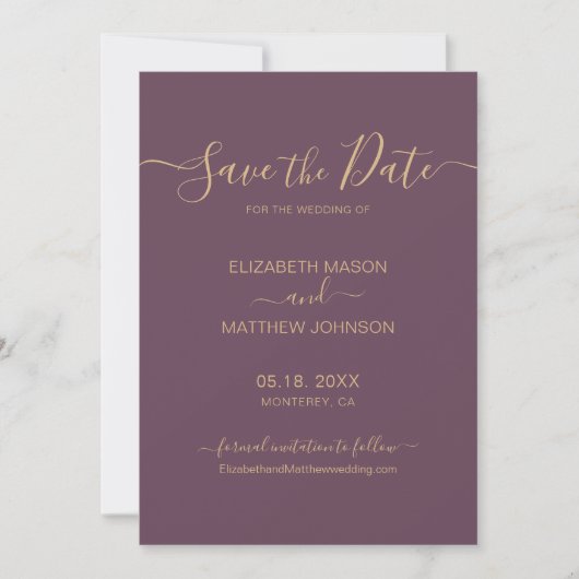 Elegantes Skript Minimalistische Mauve- und Goldho Save The Date (Vorderseite)