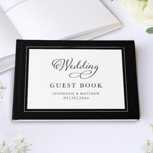 Elegantes Skript Moderne Namen Wedding Black & Whi Gästebuch