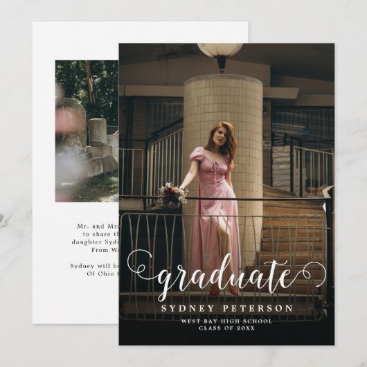 Elegantes Skript Moderner 2-Foto-Abschluss Ankündigung (Vorne/Hinten)