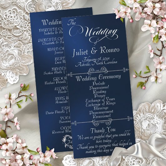 Elegantes Skript & Monogramm - Blaue Hochzeit Programm