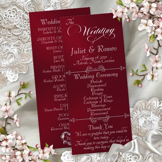 Elegantes Skript & Monogramm - Burgunder Hochzeit Programm