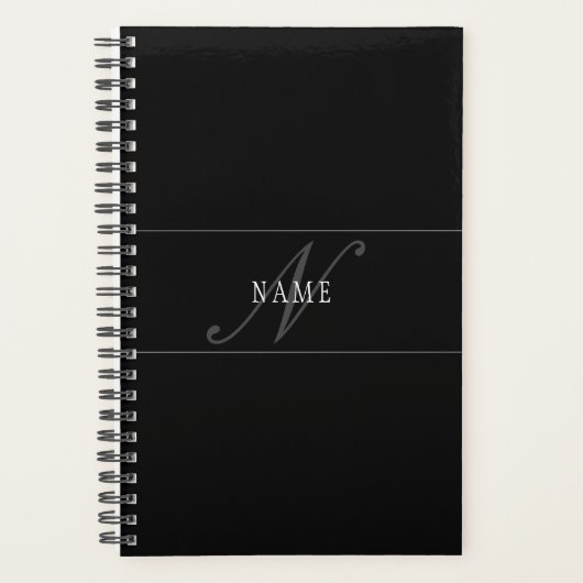 Elegantes Skript-Monogramm editierbar Schwarz Grau Planer (Vorderseite)