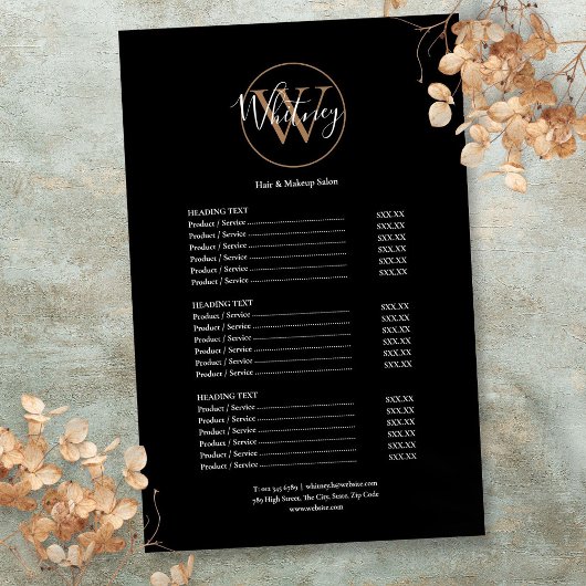 Elegantes Skript-Monogramm-Salon-Service-Menü Flyer
