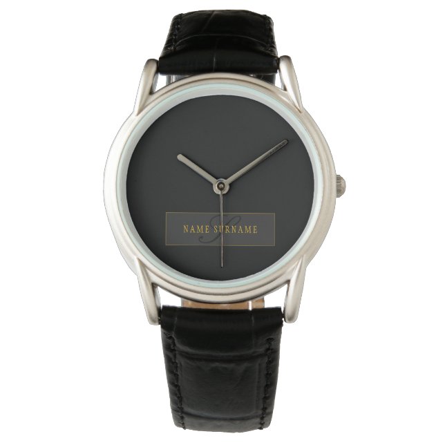 Elegantes Skript-Monogramm Schwarz & Gold Armbanduhr (Vorderseite)