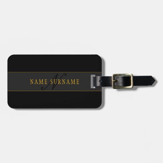 Elegantes Skript-Monogramm Schwarz & Gold Gepäckanhänger (Vorderseite horizontal)