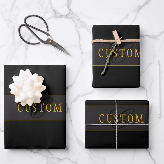 Elegantes Skript-Monogramm Schwarz & Gold Geschenkpapier Set (Vorderseite)