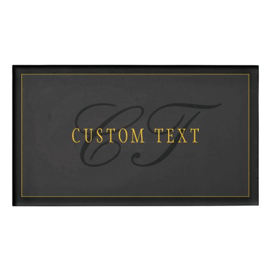Elegantes Skript-Monogramm Schwarz & Gold Namenschild (Vorderseite)