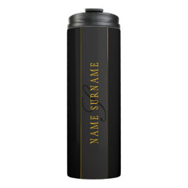 Elegantes Skript-Monogramm Schwarz & Gold Thermosbecher