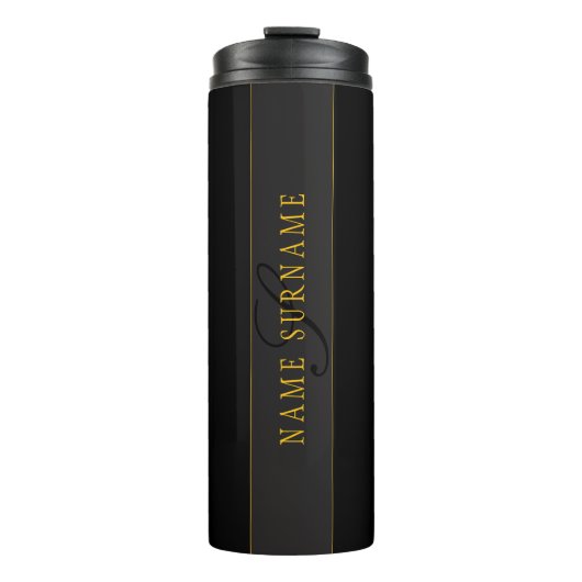 Elegantes Skript-Monogramm Schwarz & Gold Thermosbecher (Vorderseite)
