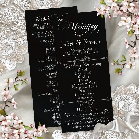 Elegantes Skript & Monogramm - Schwarze Hochzeit Programm