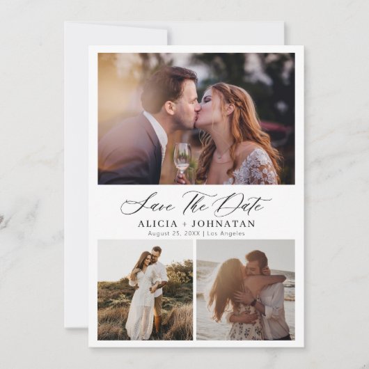 Elegantes Skript Multi-Foto Collage einfache Hochz Save The Date (Vorderseite)