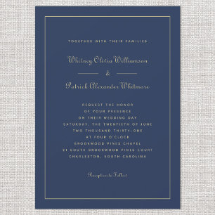 Elegantes Skript Navy Blau Gold Formal Chic Hochze Einladung