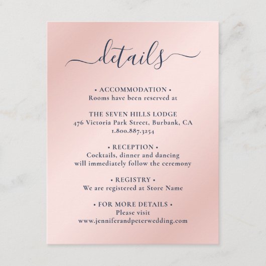 Elegantes Skript Navy Blue and Blush Wedding Detai Begleitkarte (Vorderseite)