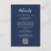 Elegantes Skript Navy Blue QR Code Hochzeitdetails Begleitkarte (Vorderseite)