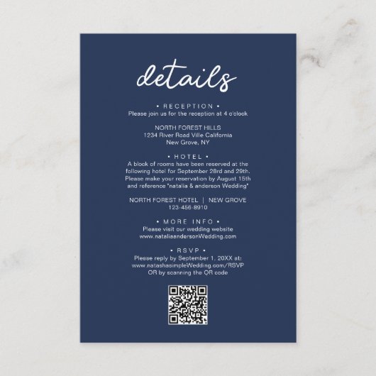 Elegantes Skript Navy Blue QR Code Hochzeitdetails Begleitkarte (Vorderseite)