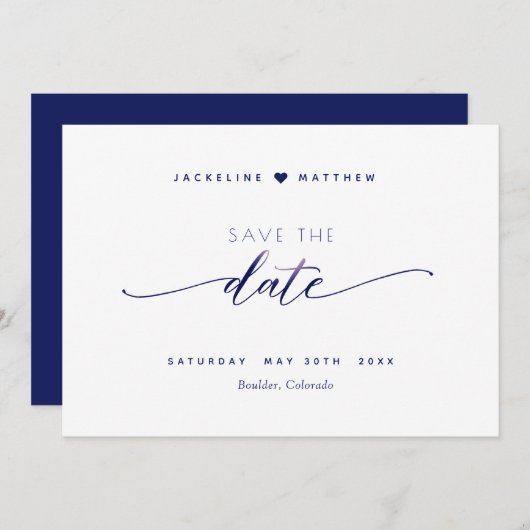 Elegantes Skript, Navy Blue Simple Wedding Save The Date (Vorne/Hinten)