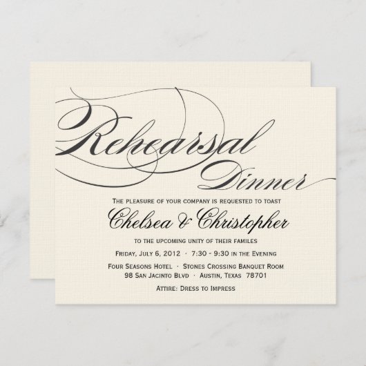 Elegantes Skript-Proben-Abendessen - schwärzen Einladung (Vorne/Hinten)