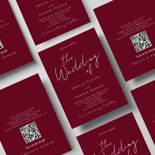 Elegantes Skript-QR-Code Bordeaux Weiße Hochzeit Einladung
