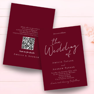 Elegantes Skript-QR-Code Bordeaux Weiße Hochzeit Einladung