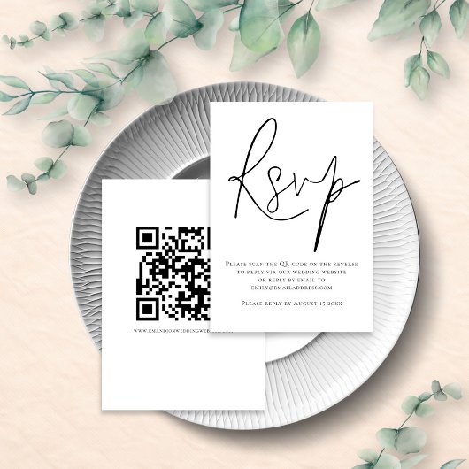 Elegantes Skript-QR-Code-Hochzeit Schwarz Weiß RSVP Karte
