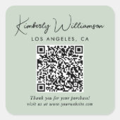 Elegantes Skript QR-Code Salbei Grün Danke Quadratischer Aufkleber (Vorderseite)