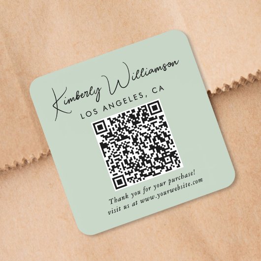 Elegantes Skript QR-Code Salbei Grün Danke Quadratischer Aufkleber