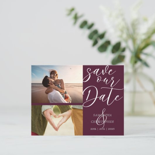 Elegantes Skript Rette unser Datum Burgundy Ankündigungspostkarte (Stehend Vorderseite)