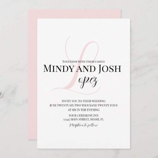 Elegantes Skript Rosa erste Hochzeit Einladung (Vorne/Hinten)