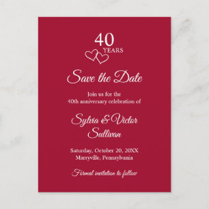 Elegantes Skript Rot 40. Hochzeitstag Ankündigungspostkarte