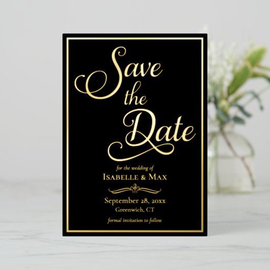Elegantes Skript Save the Date Folieneinladung (Stehend vorne)
