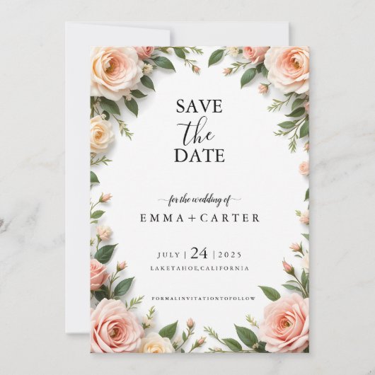 Elegantes Skript Save the Date mit Pastel Rose Bor (Vorderseite)