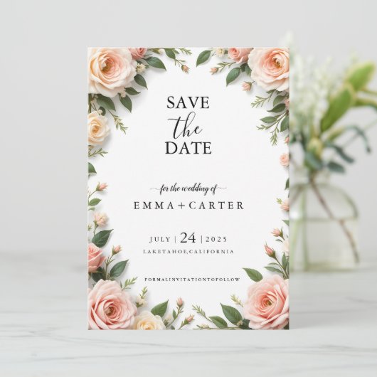 Elegantes Skript Save the Date mit Pastel Rose Bor (Stehend Vorderseite)