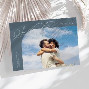 Elegantes Skript Schieferblau Gebogener Rahmen Fot Save The Date