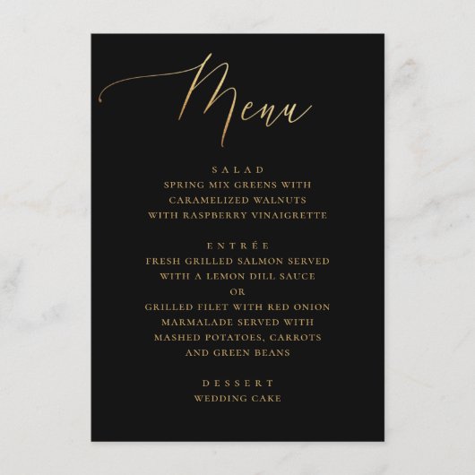 Elegantes Skript | Schwarz & Gold Classic Wedding Menükarte (Vorderseite)