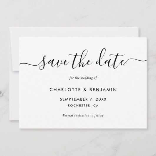 Elegantes Skript Schwarz und Weiß Hochzeit Save The Date (Vorderseite)
