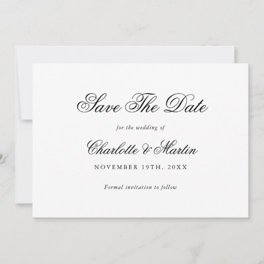 Elegantes Skript Schwarz und Weiß Hochzeit Save The Date (Vorderseite)