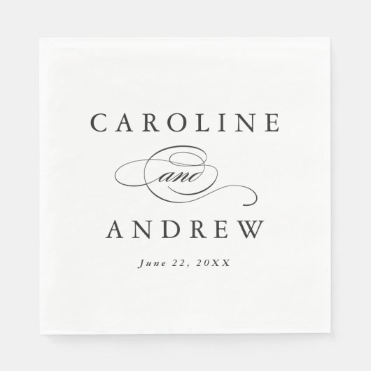 Elegantes Skript Schwarz und Weiß Hochzeit Serviette (Vorderseite)