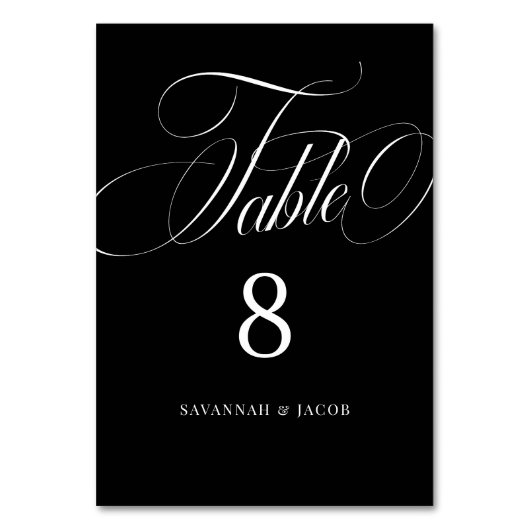 Elegantes Skript Schwarz und Weiß Hochzeit Tischnummer (Vorderseite)