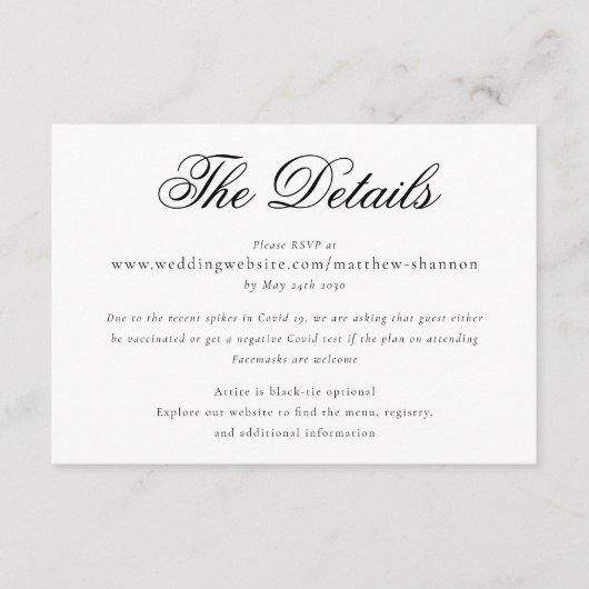 Elegantes Skript Schwarz-weiße Hochzeitdetails Begleitkarte (Vorderseite)