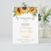 Elegantes Skript Sonnenblumenhochzeit speichern Si Save The Date (Stehend Vorderseite)