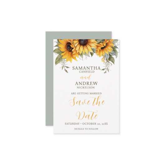 Elegantes Skript Sonnenblumenhochzeit speichern Si Save The Date (Vorderseite/Rückseite Beispiel)