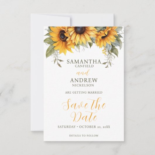 Elegantes Skript Sonnenblumenhochzeit speichern Si Save The Date (Vorderseite)