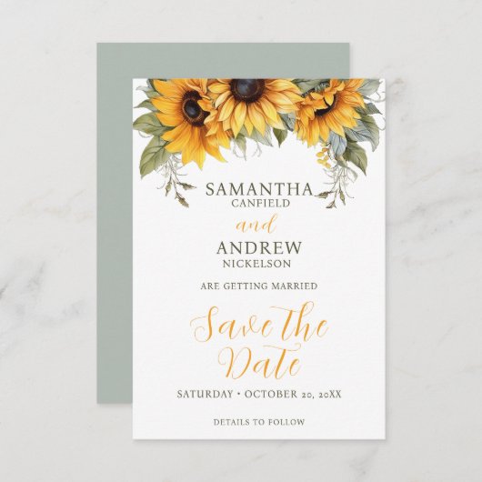 Elegantes Skript Sonnenblumenhochzeit speichern Si Save The Date (Vorne/Hinten)