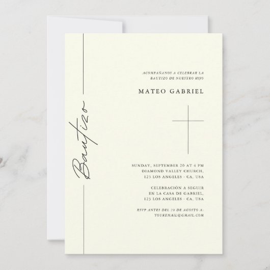 Elegantes Skript Spanische Taufe Ivory Bautizo Einladung (Vorderseite)